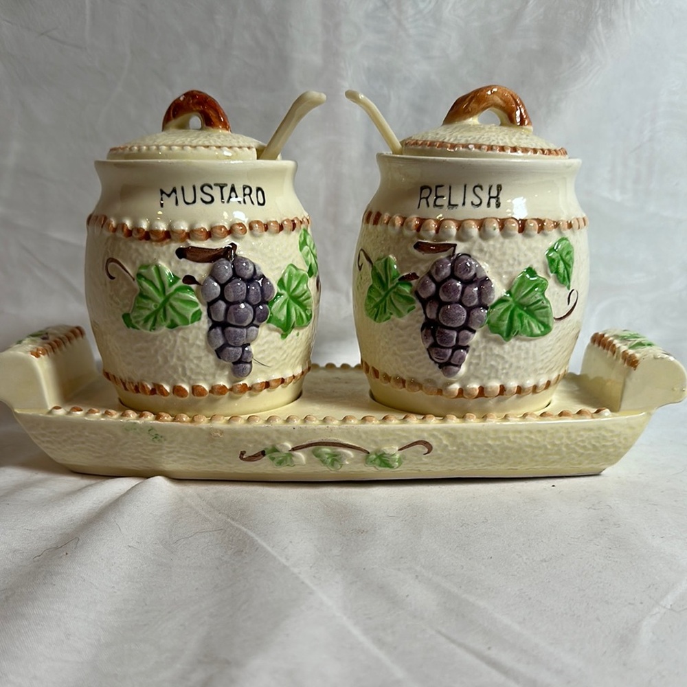 Vintage Ceramic Mustard and Relish Set with Grapevine Design